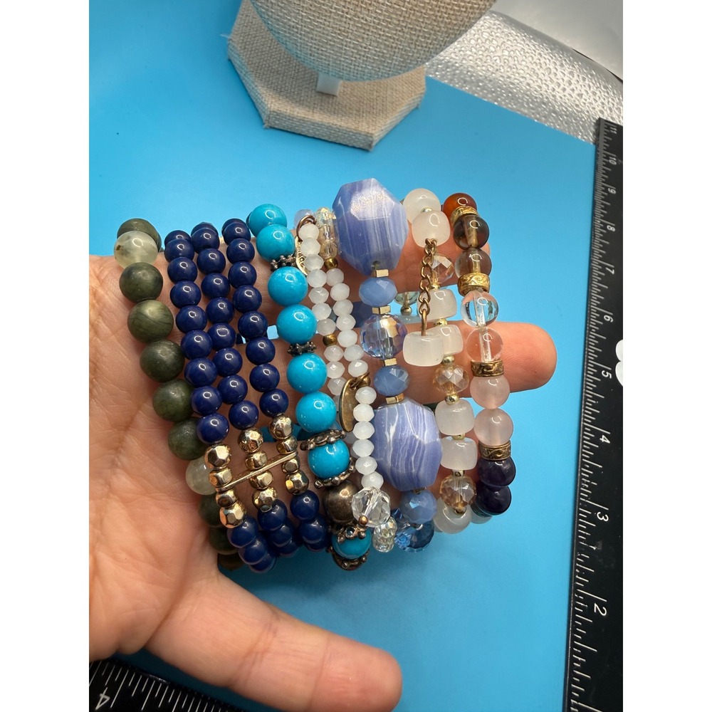 7pc Beaded Bracelet Lot Blue Lace Agate Turquoise Style‎ Boho Stretch Stackable